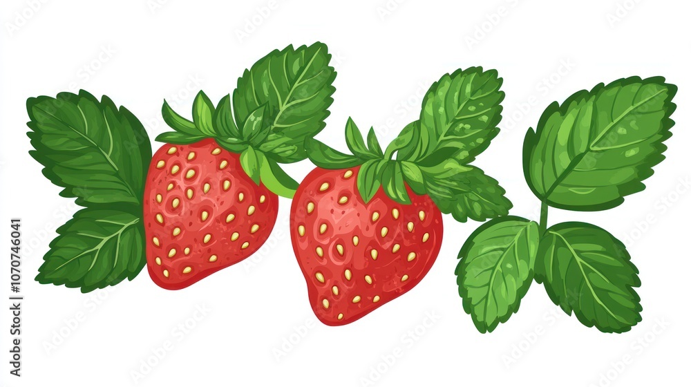 Two Fresh Red Strawberries with Green Leaves Two Fresh Red Strawberries with Green Leaves