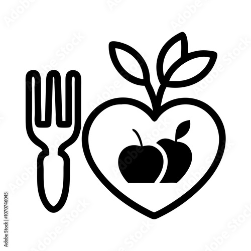 Vegan diet icon for healthy eating and lifestyle, modern design in black and white, copy space