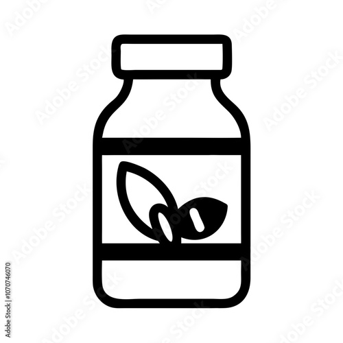 Vitamin bottle icon for dietary supplements and health, modern design in black and white, copy space