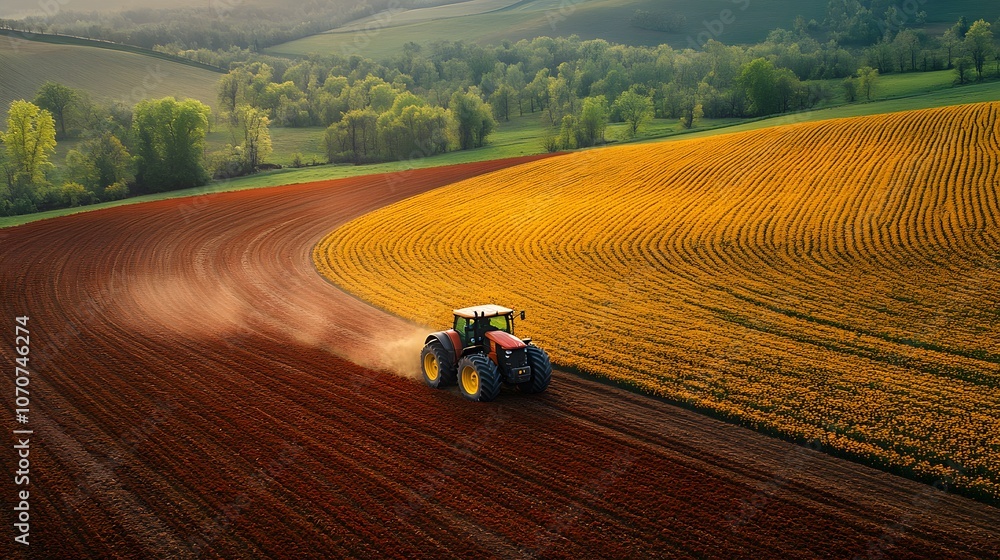 Tractor Working in a Field of Yellow Flowers Tractor Working in a Field of Yellow Flowers