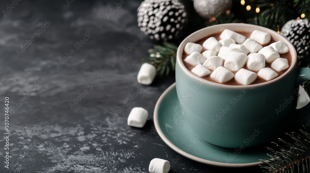 Hot chocolate with marshmallows and christmas decorations. Hot chocolate with marshmallows and christmas decorations.