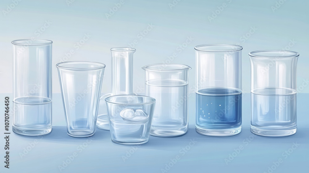 Photorealistic image of laboratory glassware set against a blue gradient background Photorealistic image of laboratory glassware set against a blue gradient background