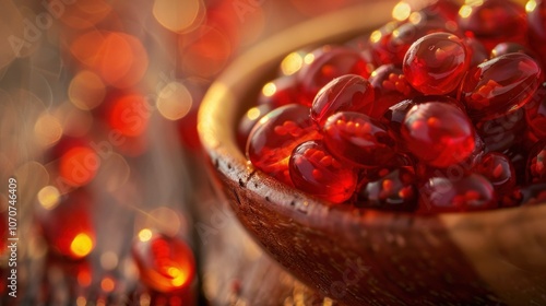Red krill oil capsules Healthy food and dietary supplements.