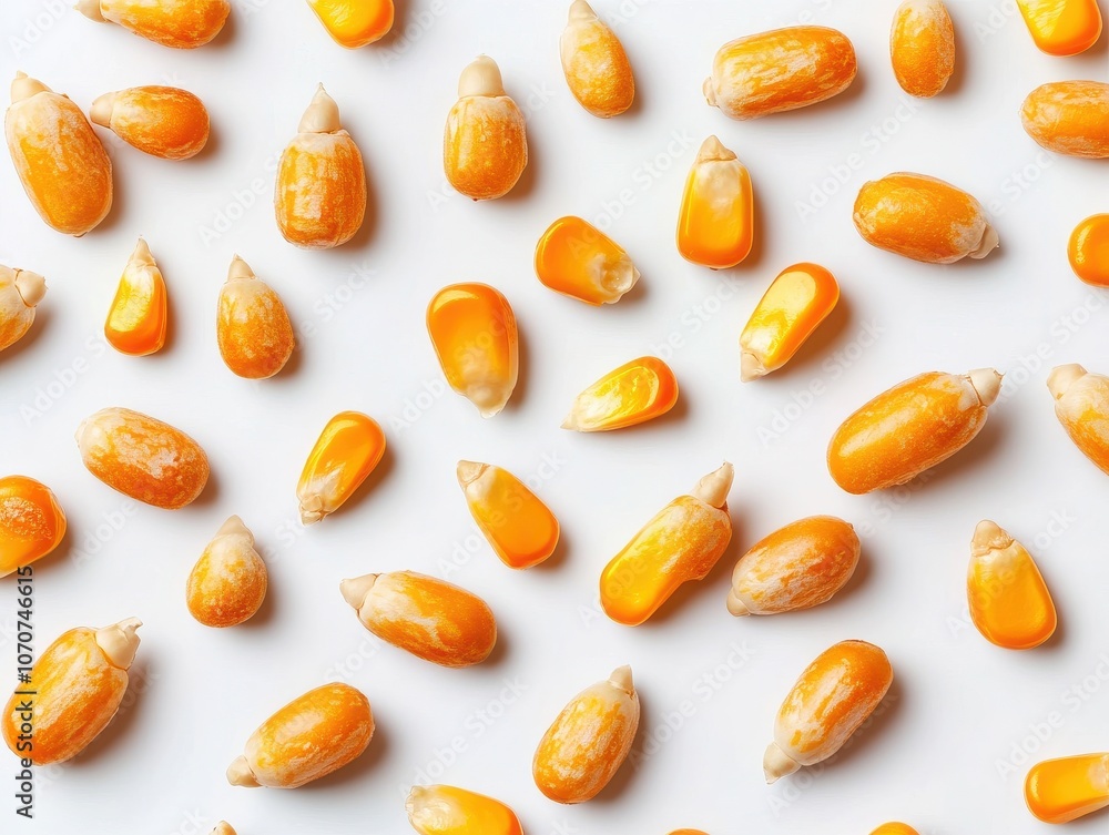 Scattered Corn Kernels in Motion on White Background