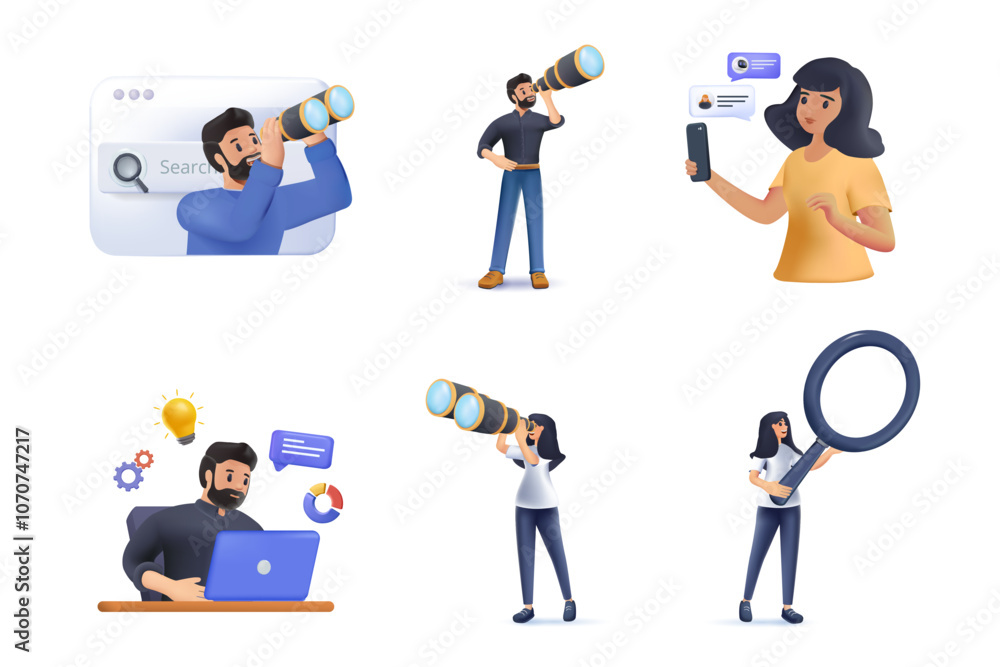 Web surfing search people characters vector illustration 3D design. Search bars and people browsing online information Web surfing search people characters vector illustration 3D design. Search bars and people browsing online information