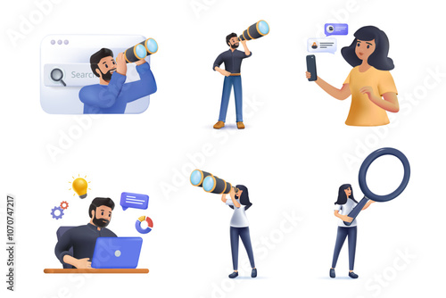 Web surfing search people characters vector illustration 3D design. Search bars and people browsing online information