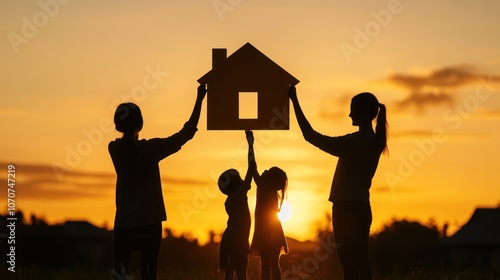 Family Silhouette Holding a Home at Sunset