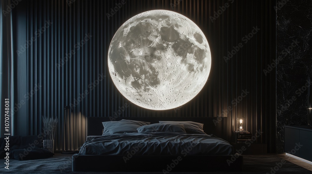 Modern Bedroom with a Giant Moon on the Wall Modern Bedroom with a Giant Moon on the Wall