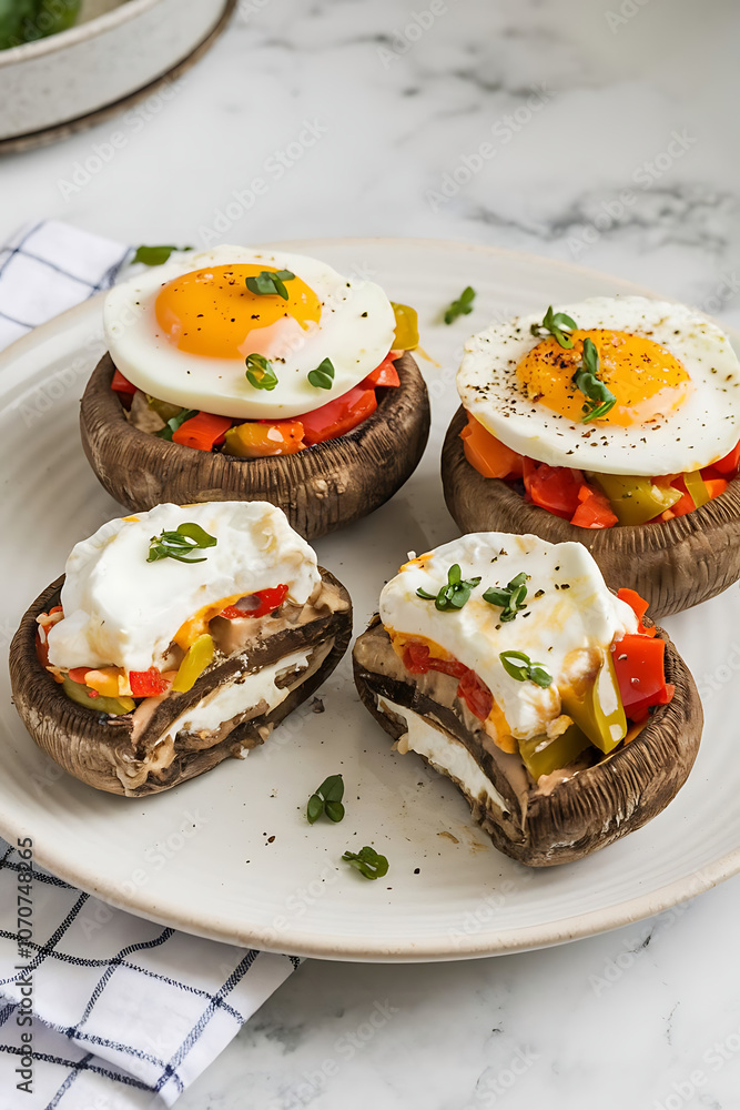 A photorealistic image of a white ceramic dinner plate with a fully cooked air fryer stuffed portobello mushroom. A photorealistic image of a white ceramic dinner plate with a fully cooked air fryer stuffed portobello mushroom.