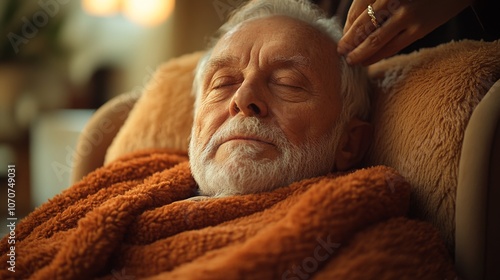 An elderly man relaxes comfortably in a soft blanket while someone gently brushes his hair. The warm ambiance suggests a peaceful evening at home, filled with care.