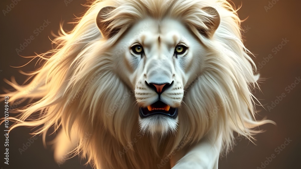 Fototapeta premium Majestic White Lion Staring Intently Beautiful Eyes Captivating Mane Powerful Presence Wild Animal