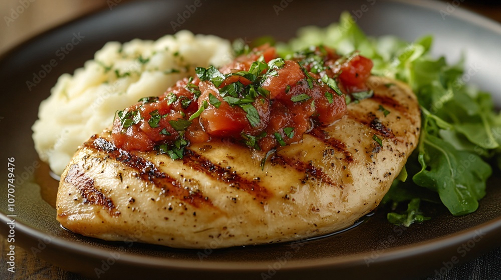 Grilled chicken breast topped with fresh salsa, served with creamy mashed potatoes and a side of greens on a dark plate. Grilled chicken breast topped with fresh salsa, served with creamy mashed potatoes and a side of greens on a dark plate.