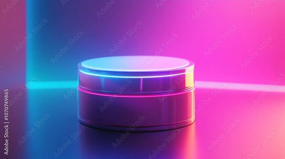 A sleek, modern circular object illuminated with vibrant blue and purple lights, set against a reflective surface. A sleek, modern circular object illuminated with vibrant blue and purple lights, set against a reflective surface.