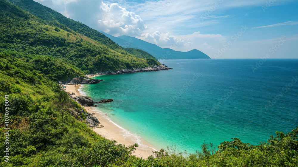 A secluded beach in Vietnam with crystal-clear waters, white sand, and lush green hillsides framing the serene coastline A secluded beach in Vietnam with crystal-clear waters, white sand, and lush green hillsides framing the serene coastline