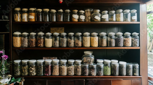 A traditional herbal medicine shop in Vietnam, with shelves lined with jars of dried herbs, roots, and medicinal plants photo