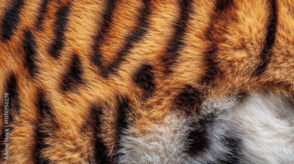 The image showcases the vibrant and detailed fur pattern of a tiger, featuring striking orange and black stripes against a soft white underbelly. The image showcases the vibrant and detailed fur pattern of a tiger, featuring striking orange and black stripes against a soft white underbelly.