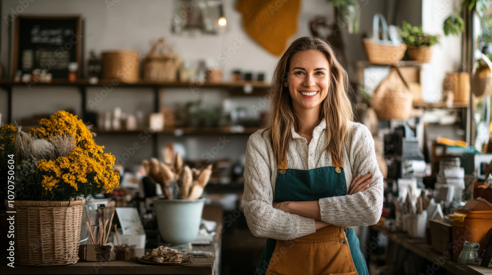 Business woman standing proudly in her own shop, smiling as she manages day-to-day tasks in a welcoming retail space Business woman standing proudly in her own shop, smiling as she manages day-to-day tasks in a welcoming retail space