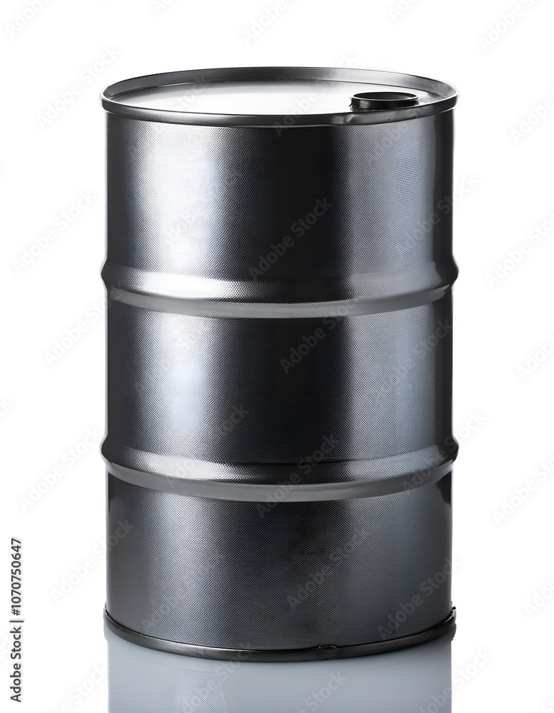 A shiny metal barrel stands upright on a white background, symbolizing storage, transportation, and industrial use. The metallic appearance adds a modern and clean aesthetic. A shiny metal barrel stands upright on a white background, symbolizing storage, transportation, and industrial use. The metallic appearance adds a modern and clean aesthetic.