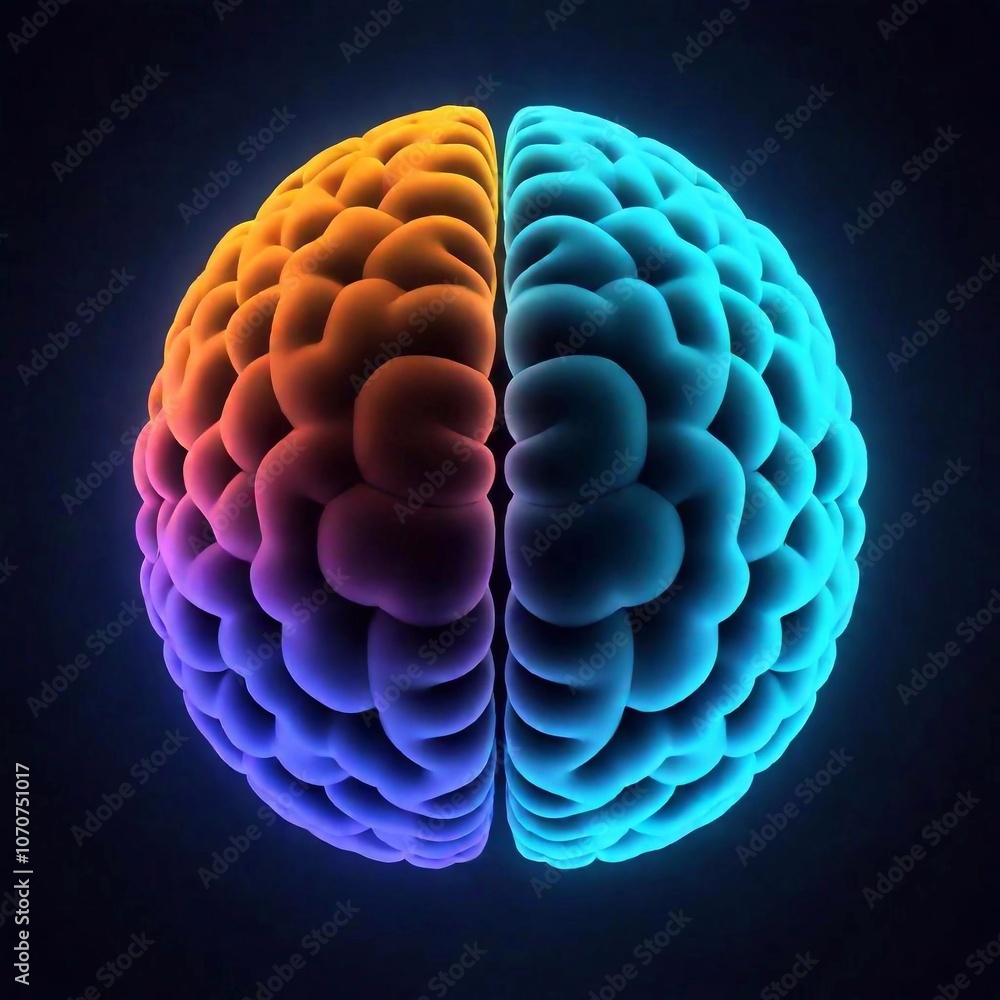 A high-resolution digital artwork of a human brain, rendered with meticulous detail and vibrant colors. The brain is semi-transparent and glows against a dark, gradient background. The cerebral hemisp A high-resolution digital artwork of a human brain, rendered with meticulous detail and vibrant colors. The brain is semi-transparent and glows against a dark, gradient background. The cerebral hemisp