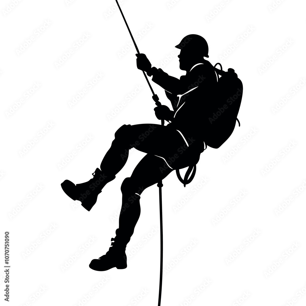 Naklejka premium a male Rappelling climbing with a backpack vector silhouette, isolated white background