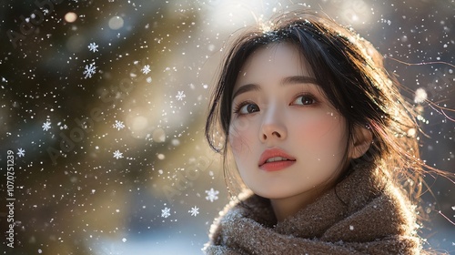 A serene portrait of a woman surrounded by falling snowflakes, capturing a peaceful winter moment.