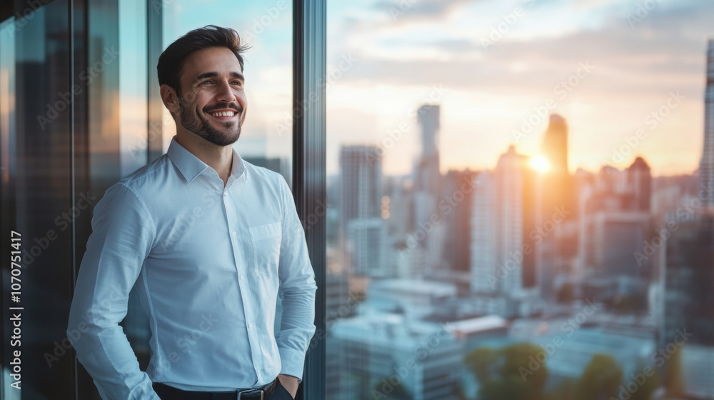 Fototapeta premium Cheerful businessman standing by a large window with a view of the city skyline, smiling as he plans new business ventures