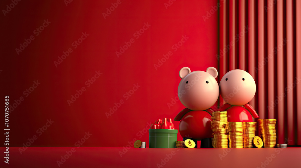 Two cartoonish bear figures in red outfits stand beside gold coins against a vibrant red backdrop, evoking themes of luck and prosperity. Two cartoonish bear figures in red outfits stand beside gold coins against a vibrant red backdrop, evoking themes of luck and prosperity.