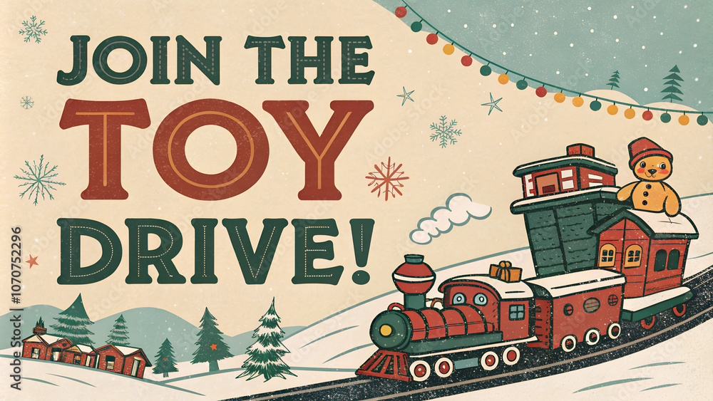Toy drive promotional sign with train illustration, festive decoration, winter scene Toy drive promotional sign with train illustration, festive decoration, winter scene