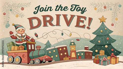 Cheerful illustration promoting a toy drive featuring an elf on a train with gifts and a Christmas tree