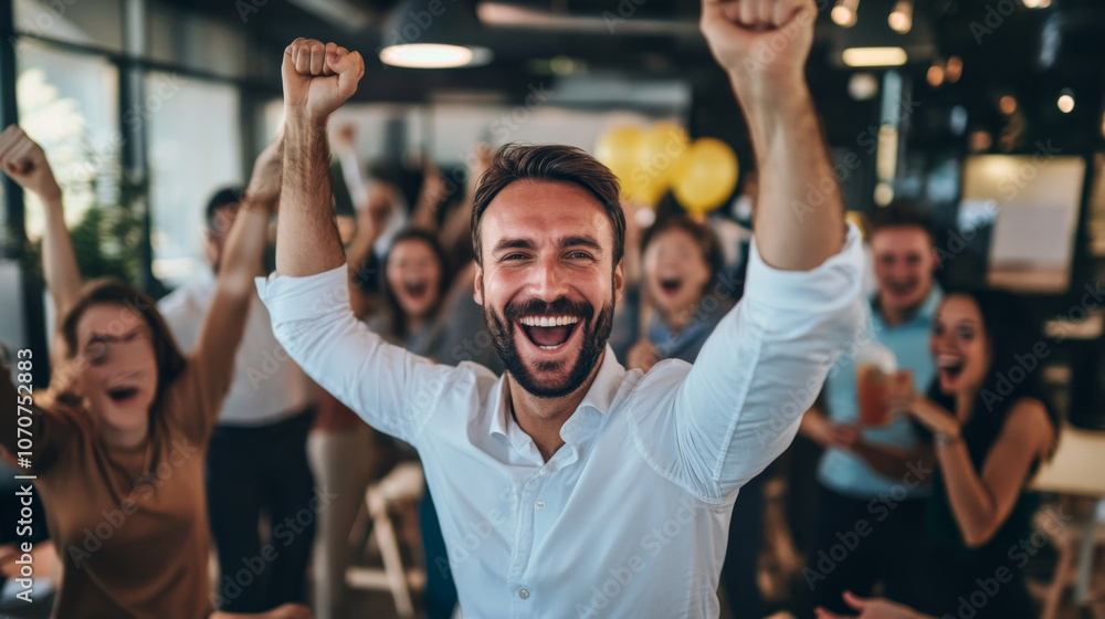 Fototapeta premium Happy business owner celebrating a business milestone, surrounded by team members in a cheerful and supportive environment