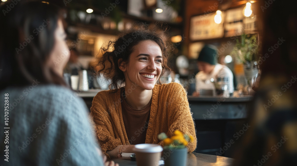 Happy business owner chatting with loyal customers in a cozy retail space, enjoying the positive connections built through their business Happy business owner chatting with loyal customers in a cozy retail space, enjoying the positive connections built through their business