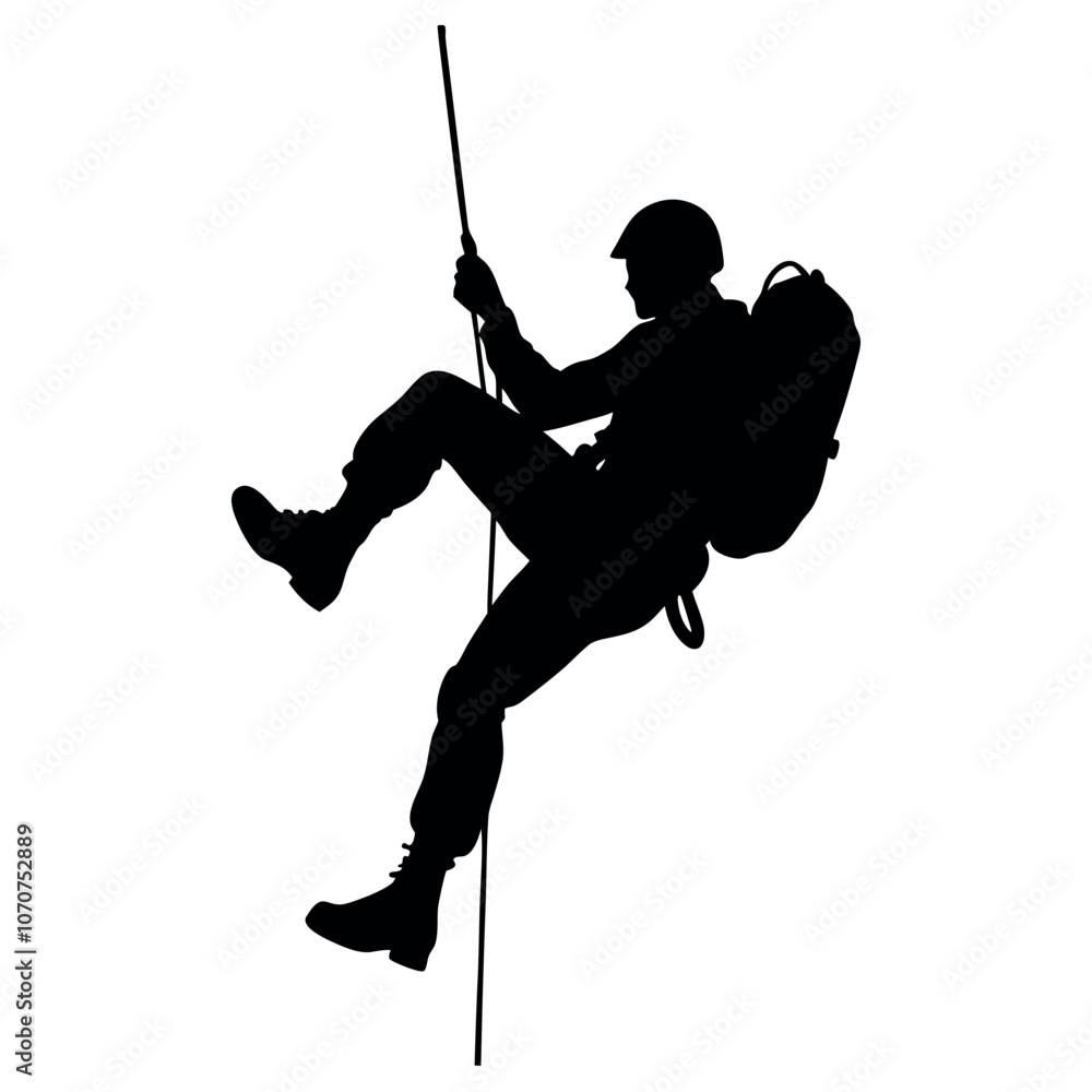 a male Rappelling climbing with a backpack vector silhouette, isolated white background