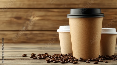 Coffee To Go: Cups and Beans on Wooden Background