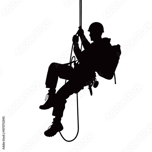 a male Rappelling climbing with a backpack vector silhouette, isolated white background