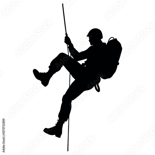 a male Rappelling climbing with a backpack vector silhouette, isolated white background