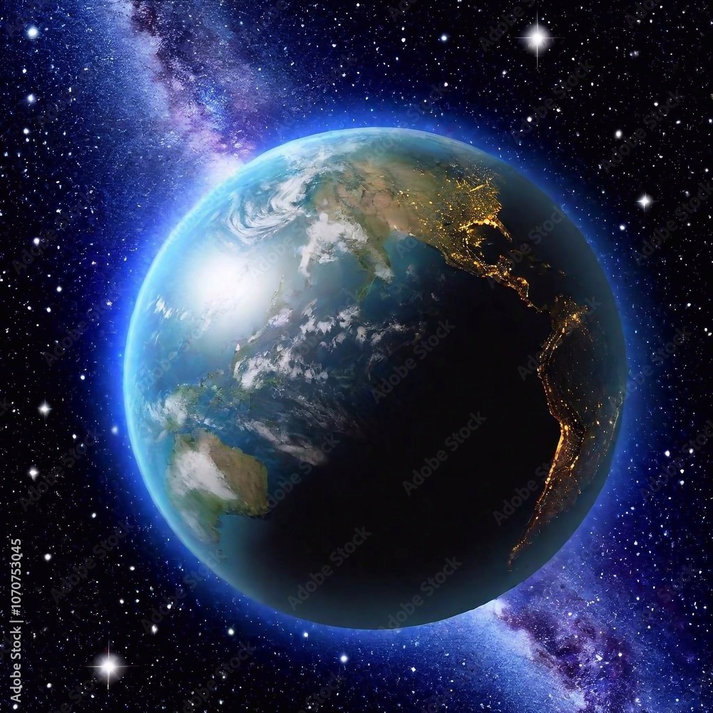 Fototapeta premium A high-resolution digital artwork captures the Earth in the vast expanse of space. The planet, detailed with vibrant blues, greens, and browns, showcases continents, oceans, and swirling weather patte