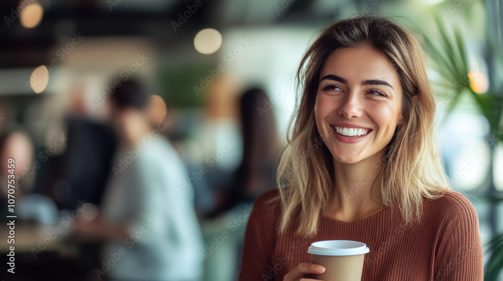 Happy business woman holding a coffee cup and chatting with colleagues in a cozy, stylish office space Happy business woman holding a coffee cup and chatting with colleagues in a cozy, stylish office space