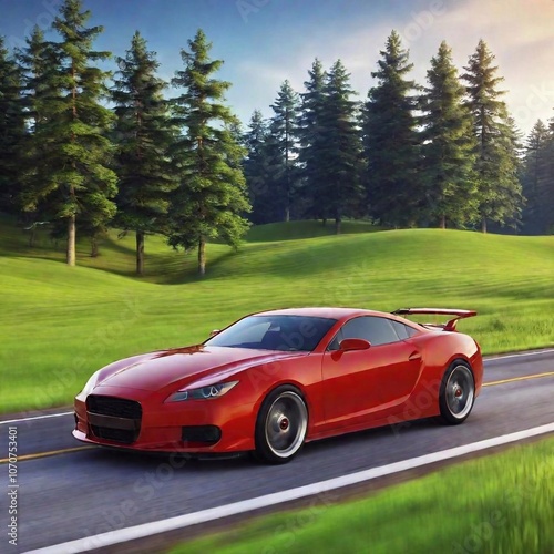 A high-resolution ultrarealistic image captures a red sports car speeding along a winding road. This digital art showcases the car's headlight and sleek, aerodynamic design, with motion blur effects o