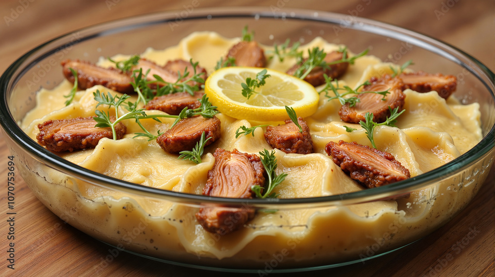 Creamy mashed potatoes with grilled chicken and lemon slices on a wooden table Creamy mashed potatoes with grilled chicken and lemon slices on a wooden table