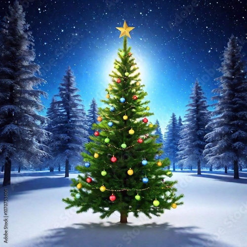 A high-resolution ultrarealistic image of a beautifully decorated Christmas tree standing in a snowy forest. The digital art captures the essence of winter wonderland with impeccable details. The Chri