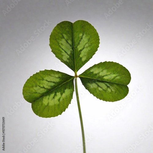 A high-resolution photorealistic image of a vibrant green four-leaf clover. The clover is perfectly centered on a clean white background, with each leaf meticulously detailed, showcasing intricate vei photo