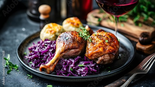 Portion of roast duck leg red cabbage homemade dumplings on plate and red wine on the background