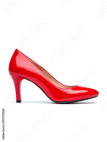 Side view sleek red high-heeled stiletto shoe isolated on white background 