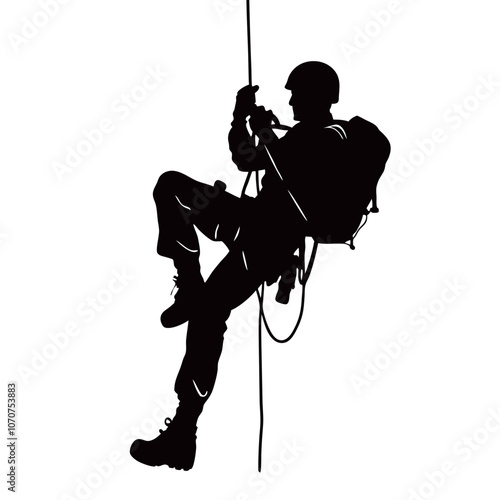 a male Rappelling climbing with a backpack vector silhouette, isolated white background