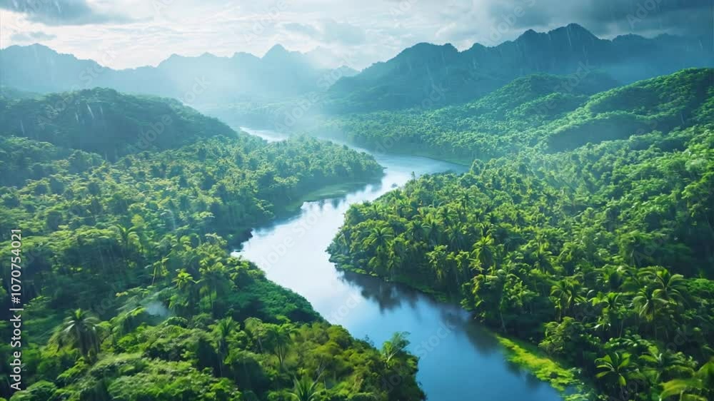 Lush Green Jungle Landscape Winding River, Misty Mountains, and Tropical Natures Serenity in Captivating Rainforest Environment Lush Green Jungle Landscape Winding River, Misty Mountains, and Tropical Natures Serenity in Captivating Rainforest Environment