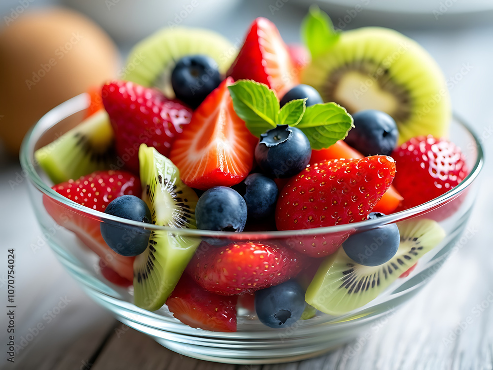 Realistic Fruit Salad in a Glass Bowl with Strawberries, Blueberries, and Kiwi – Fresh and Colorful Realistic Fruit Salad in a Glass Bowl with Strawberries, Blueberries, and Kiwi – Fresh and Colorful