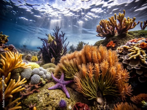 Discovering Oceanic Flora: A Stunning Representation of Various Marine Plants Including Seaweed and Coral Reefs in a Beautifully Composed Rule of Thirds Arrangement photo