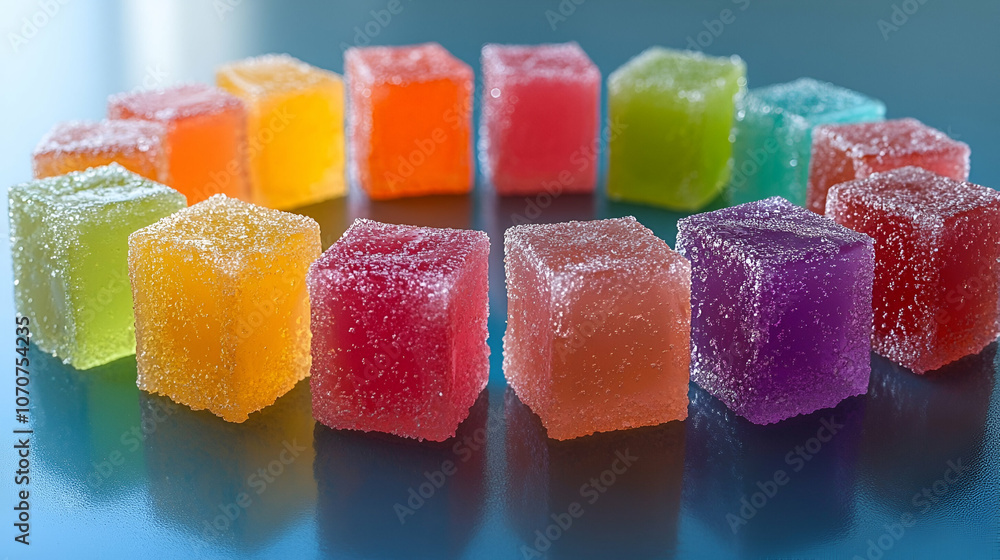 A colorful arrangement of gummy candy cubes on a shiny surface, showcasing various vibrant hues and textures. A colorful arrangement of gummy candy cubes on a shiny surface, showcasing various vibrant hues and textures.