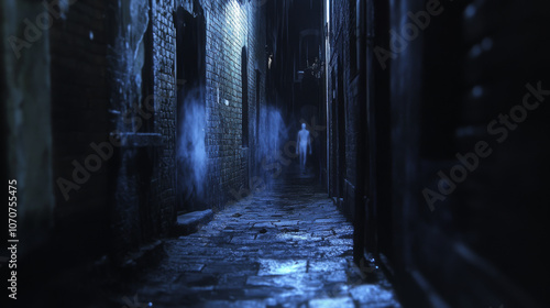 Mysterious ghostly shadows stretching across a dark alleyway, their forms shifting and blending into the night