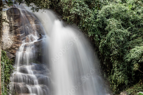 The natural background of a waterfall flowing from a height through rocks and various trees. The richness of the ecosystem and pure oxygen for breathing.
